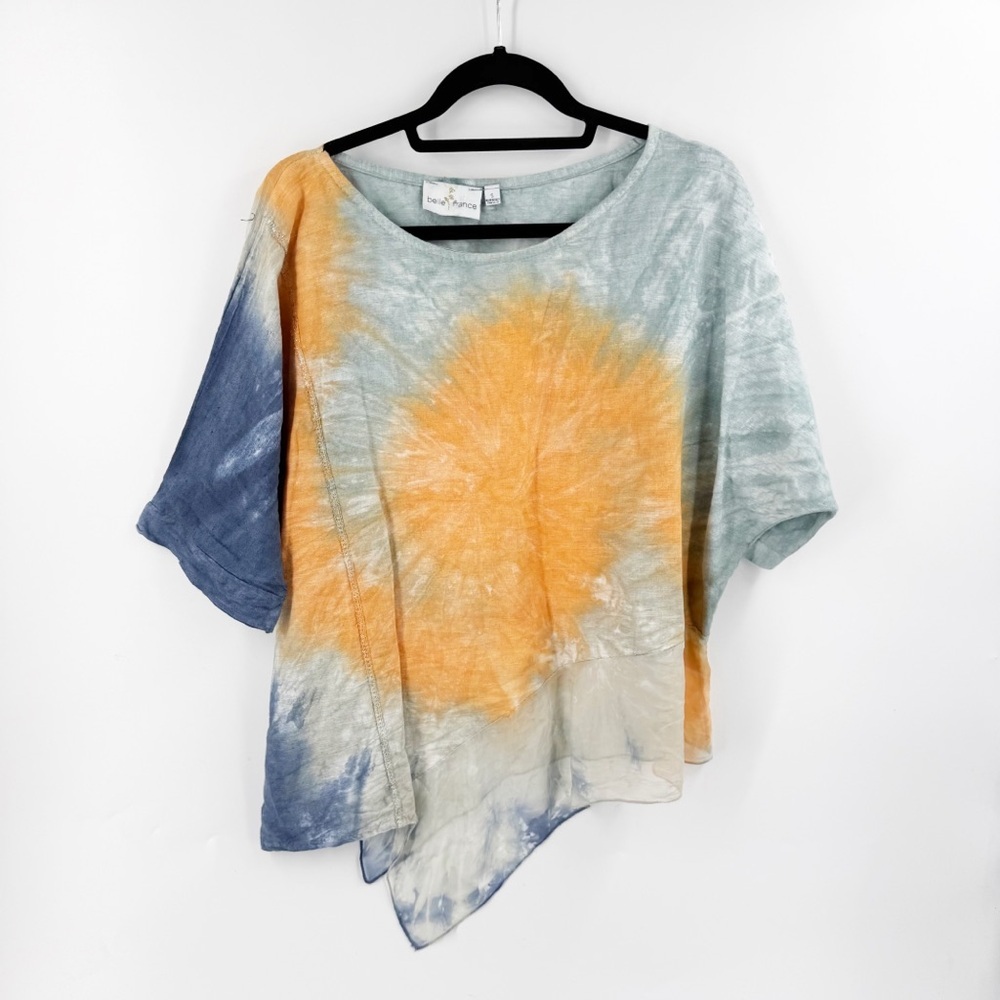 ✅ BELLE FRANCE LINEN Women's‎ Tie-Dye Top in Orange and Blue SIZE SMALL